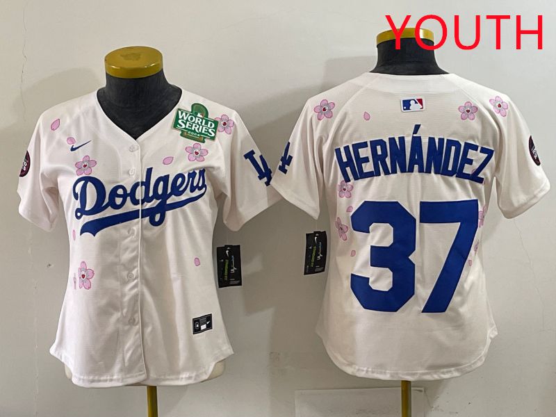 Youth Los Angeles Dodgers 37 Hernandez Cream Sakura Edition 2025 Nike MLB Jersey style 35